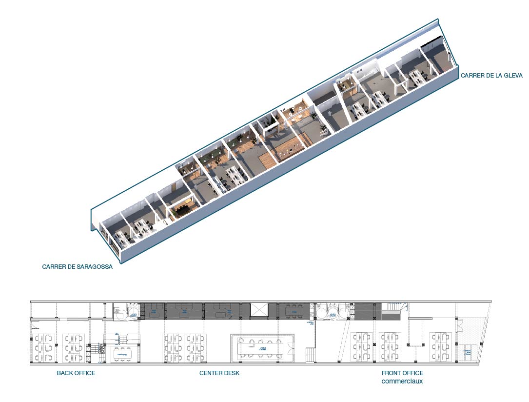 Axonométrie du plan, organisation back office / center desk / front office