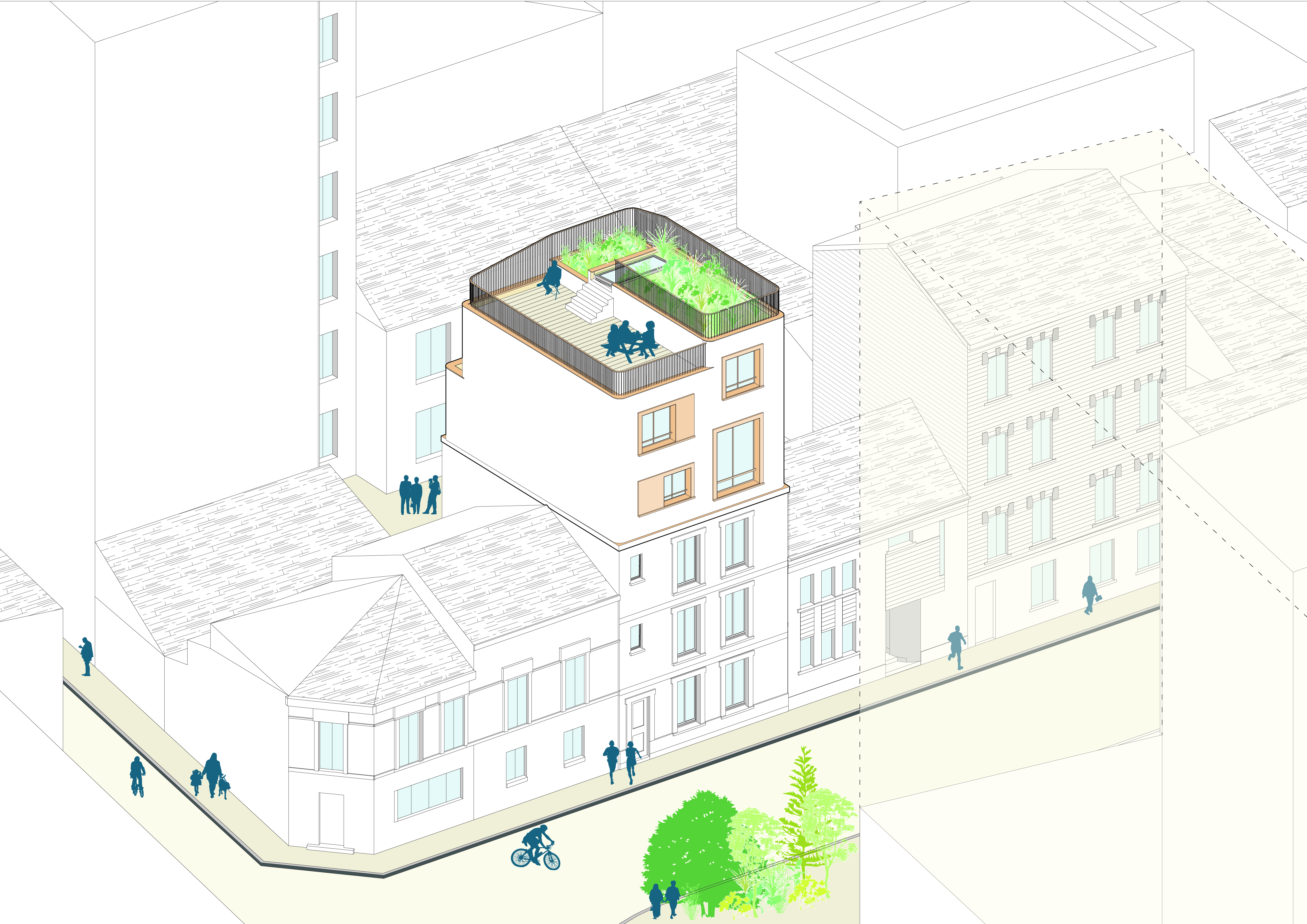 Axonométrie de la surélévation, structure bois rapportée