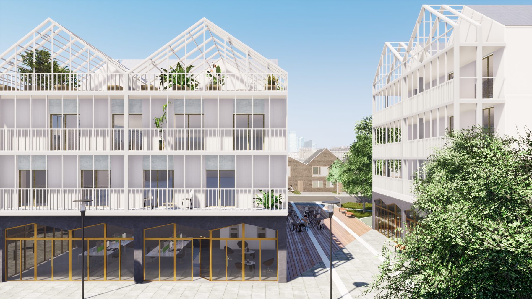 Façade sur rue avec jardins d'hiver en toiture